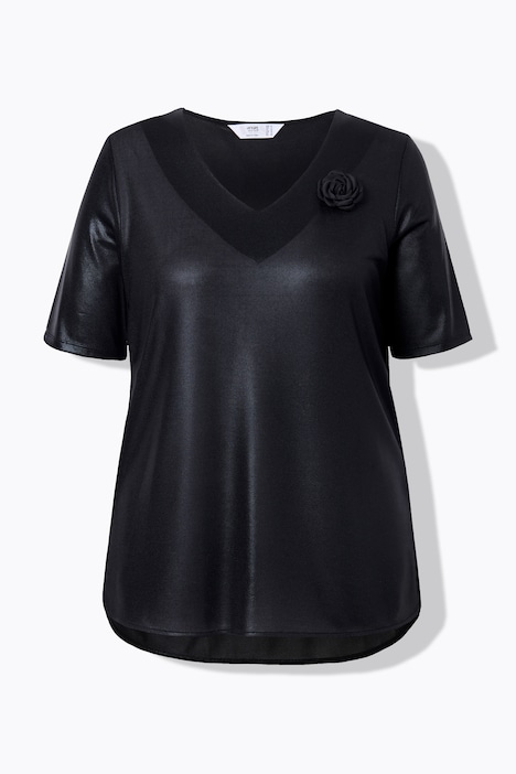 T-Shirt mit Brosche, A-Linie, Glanz-Jersey, Blütenbrosche