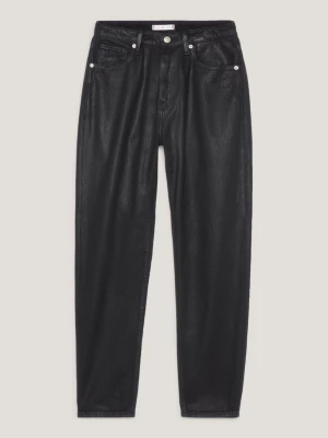 Calça jeans preta revestida de cintura alta e corte afunilado