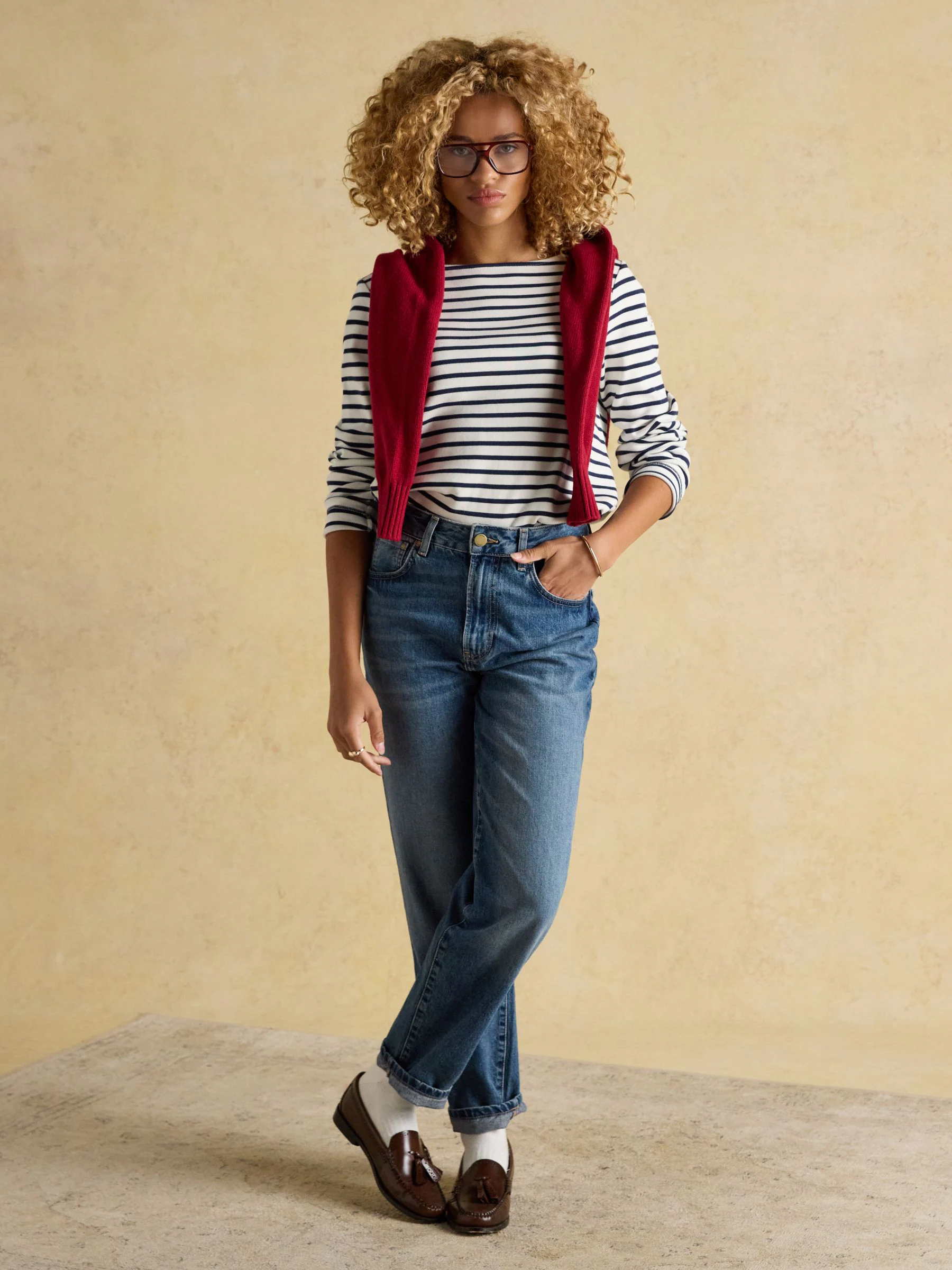 Crème en marineblauw - Joules Harbour Boat Neck Long Sleeve Breton Stripe Top