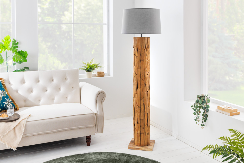 Design Stehlampe ROOTS 160cm Treibholz Leinenschirm grau handmade