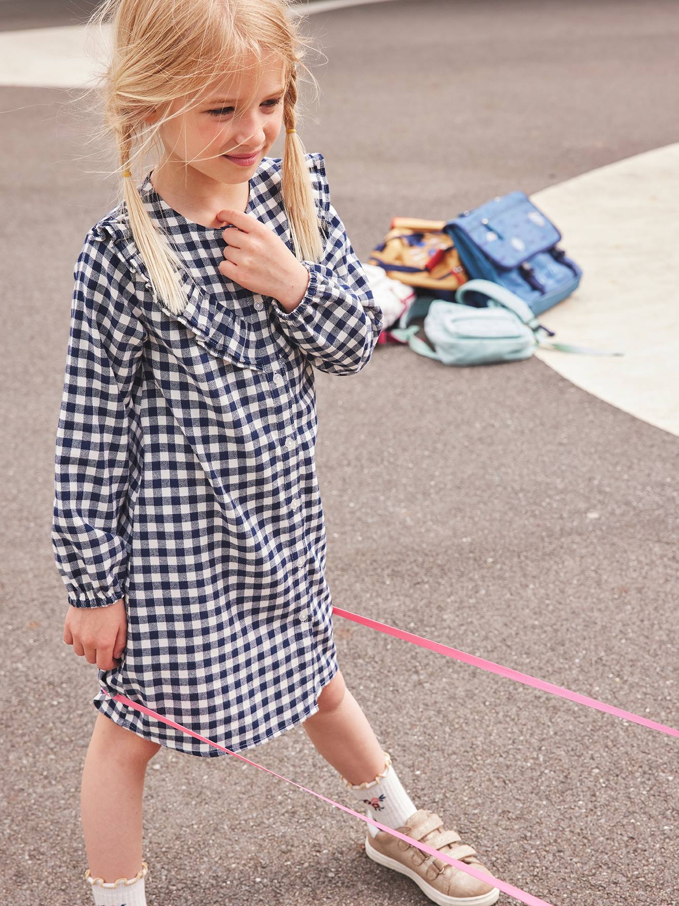 Vestido xadrez com babados para meninas, xadrez azul escuro