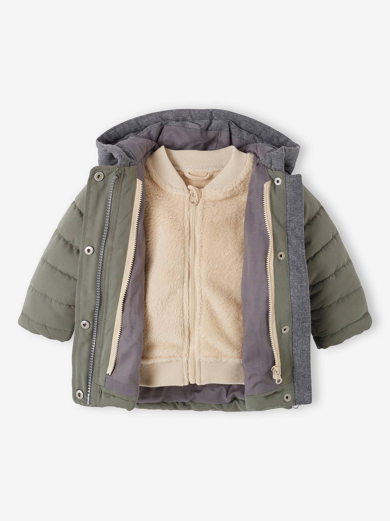 Parka 3 em 1 para bebê menino com jaqueta removível de malha azul-escura lisa.
