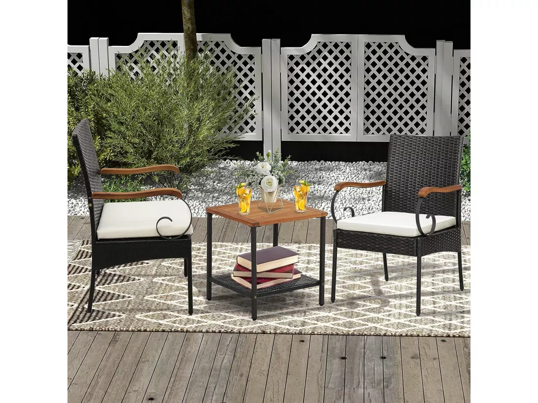 Fauteuil de Jardin Lot de 2 avec Coussins, Chaise Exterieur en Rotin et fibre naturelle PE avec Accoudoirs en Bois, Hauteur d'Assise 40 cm