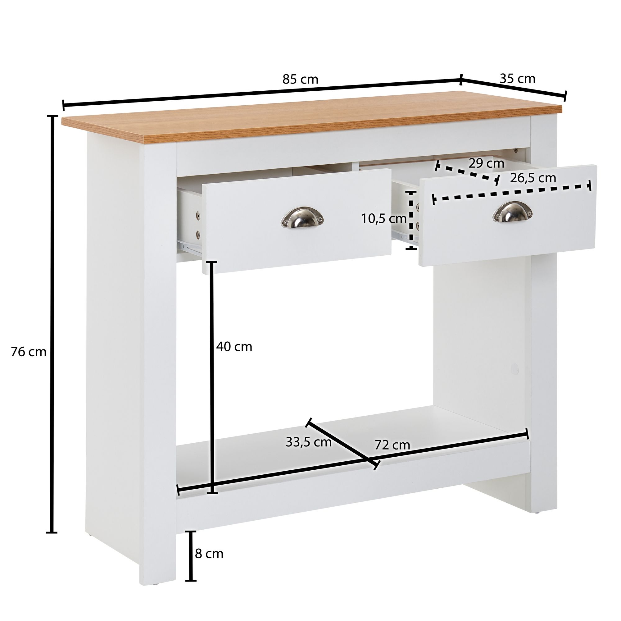 KADIMA DESIGN Konsolentisch Eiche-Weiß, 2 Schubladen, Offenes Fach, Melaminharzbeschichtung