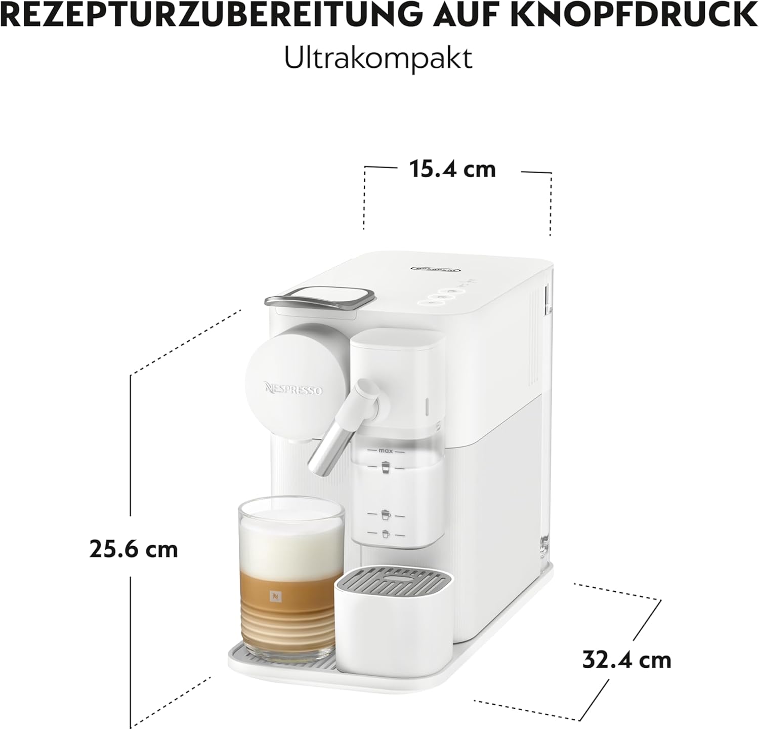 De'Longhi Nespresso Lattissima One EN510.W Kaffeekapselmaschine mit automatischem Milchsystem, 3 Direktwahltasten, 1 L Wassertank, 19 bar Pumpendruck, nur 25 Sek. Aufheizzeit, Auto-Abschaltung, weiß