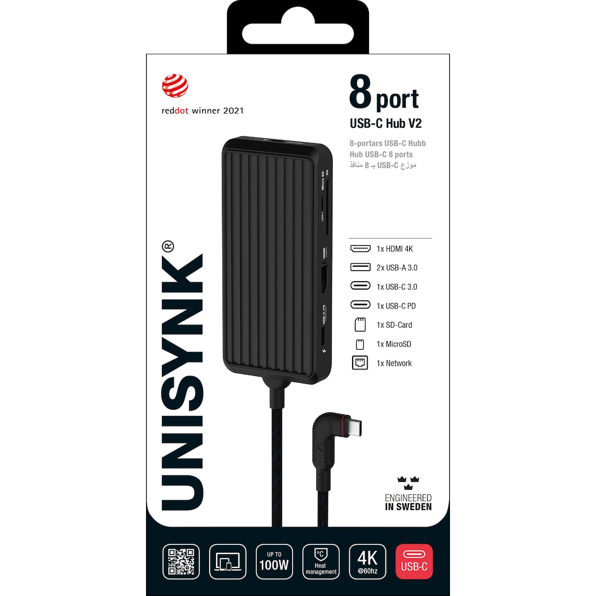 Unisynk 8-Port USB-C hub (sort)