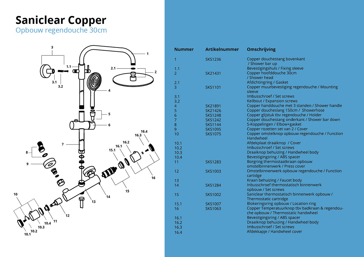 Saniclear Copper opbouw regendouche 30cm met thermostaatkraan en 3 standen handdouche koperkleurig