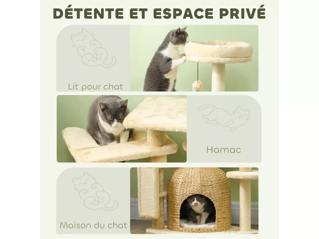 Arbre à chat style cosy chic - grande niche coussin, griffoir, grattoir, hamac, plateformes, boules - beige