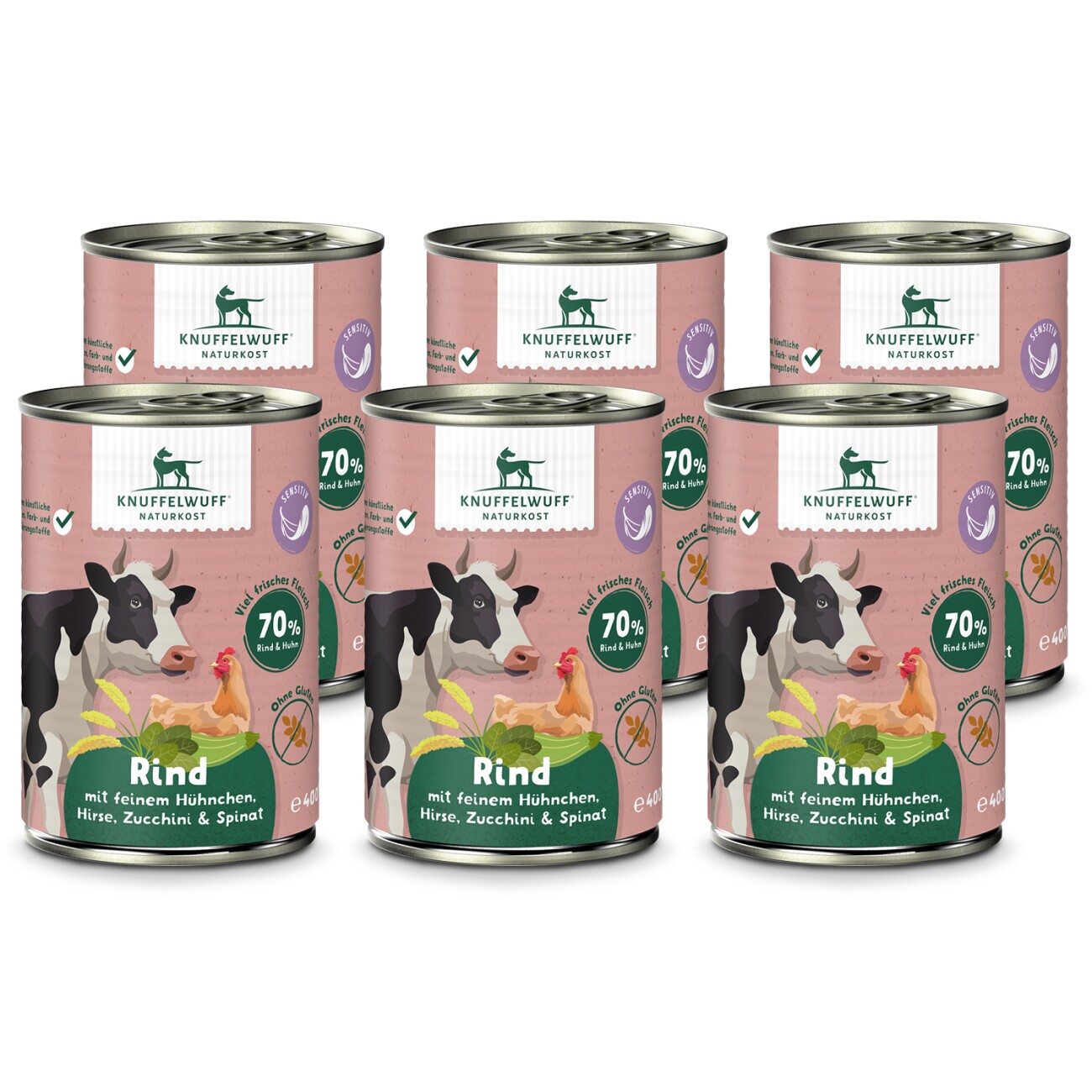 Knuffelwuff Nassfutter Rind mit feinem Hühnchen, Hirse, Zucchini & Spinat 6 x 400g