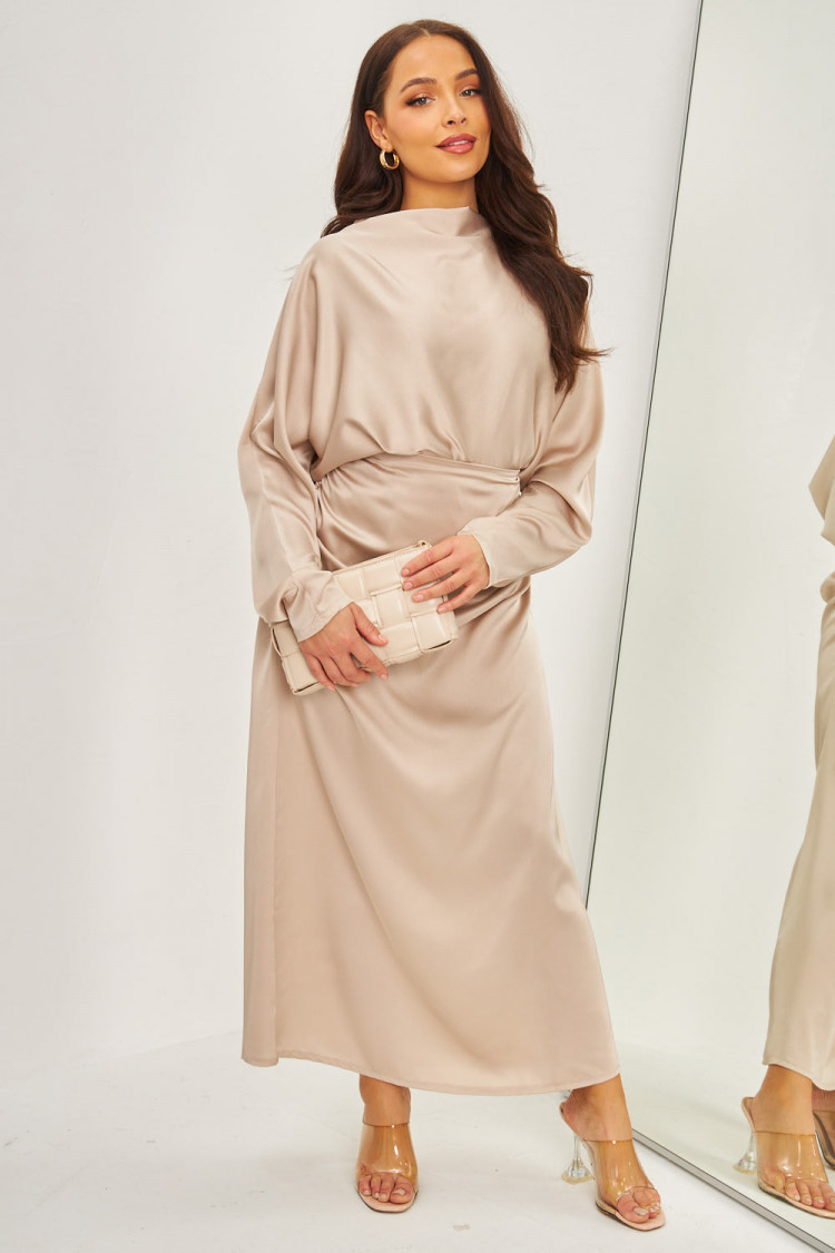 Ensemble 2 pièces blouse + jupe satiné beige