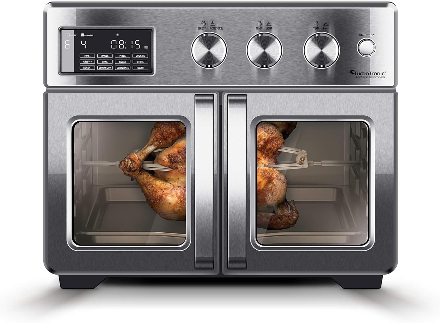TurboTronic Mini Backofen - 4in1 Heißluftofen und Heißluftfritteuse XXL Version 32L inkl. Drehspieß & viel Zubehör, Dörrgerät ab 25°C & Grill, Airfryer, kleine Mini Tisch Back Pizzaofen (silber)