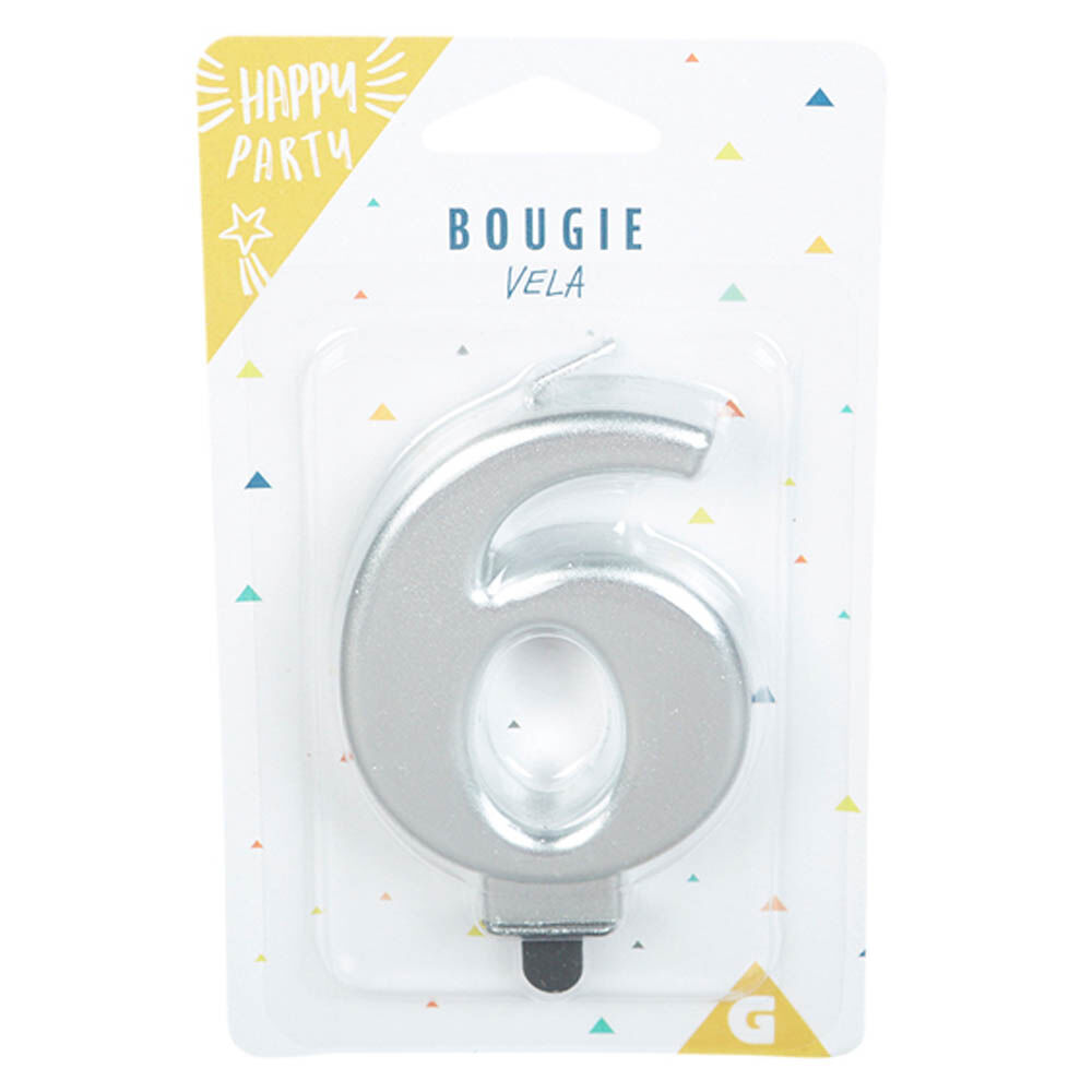 Bougie anniversaire chiffre 6 mat argenté