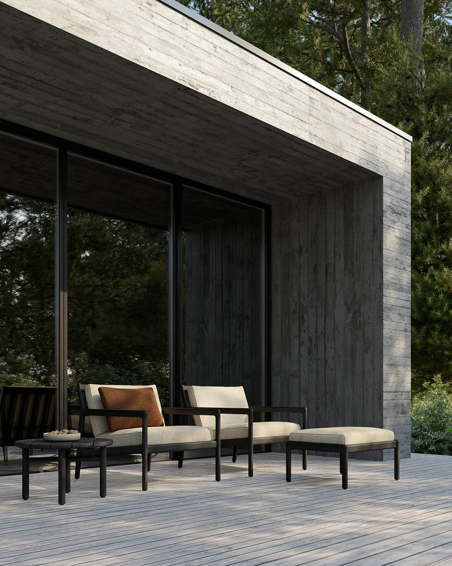 Teak Jack footstool - zwart - compleet - naturel kussen
