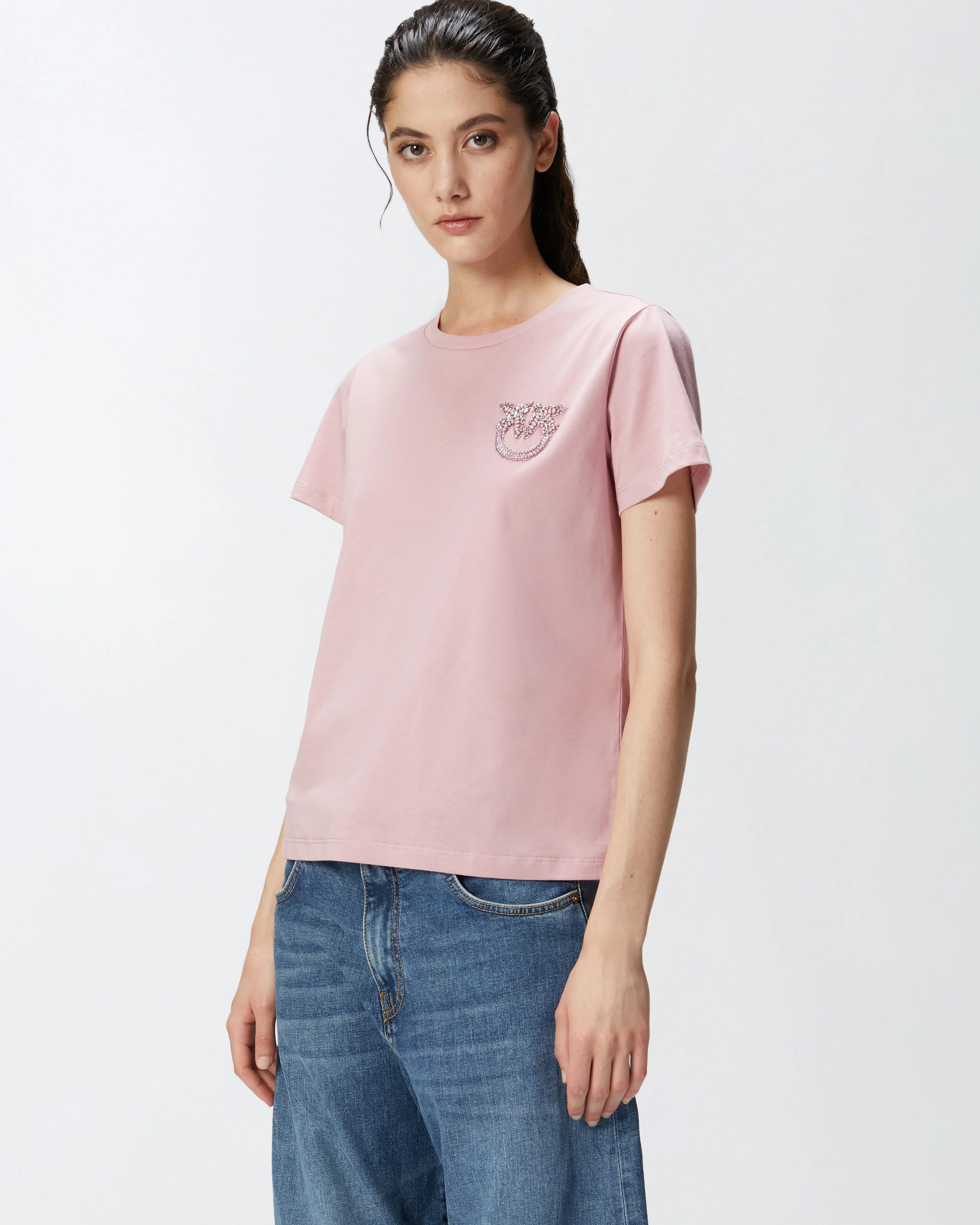 T-shirt à manches courtes avec broderie bijou love birds | Rose