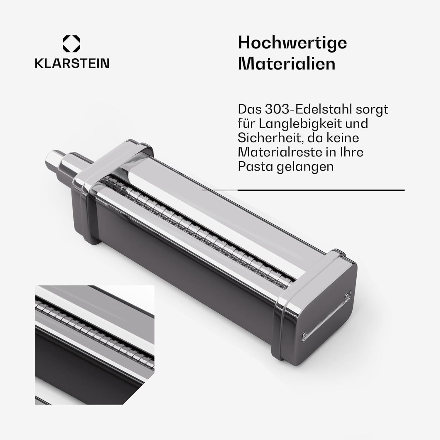 Klarstein Chiara Küchenmaschine Nudelaufsatz – 3-in-1 Pasta-Zubehör, Edelstahl, Spülmaschinenfest, 8 Stufen, Fettuccine & Spaghetti-Schneider, Kompatibel mit Chiara Küchenmaschine