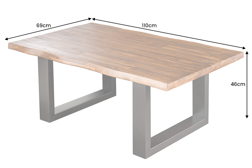 Massiver Couchtisch GENESIS 110cm braun anthrazit Akazie Baumkante Kufengestell