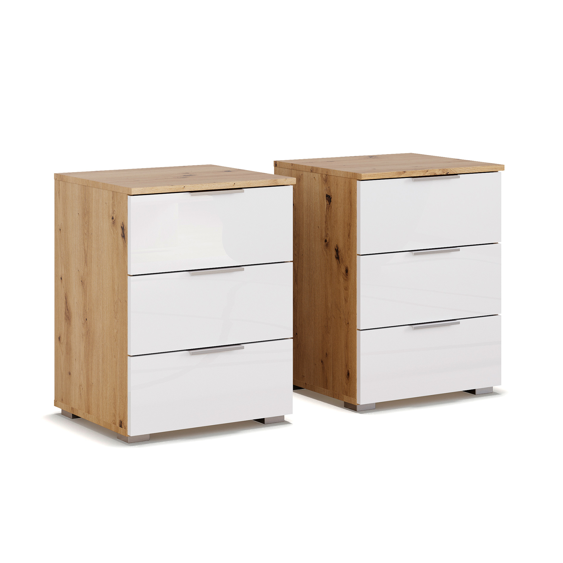 2er-Set-Nachttisch - Artisan Eiche-weiß Hochglanz - 3Schubkästen - 47 cm