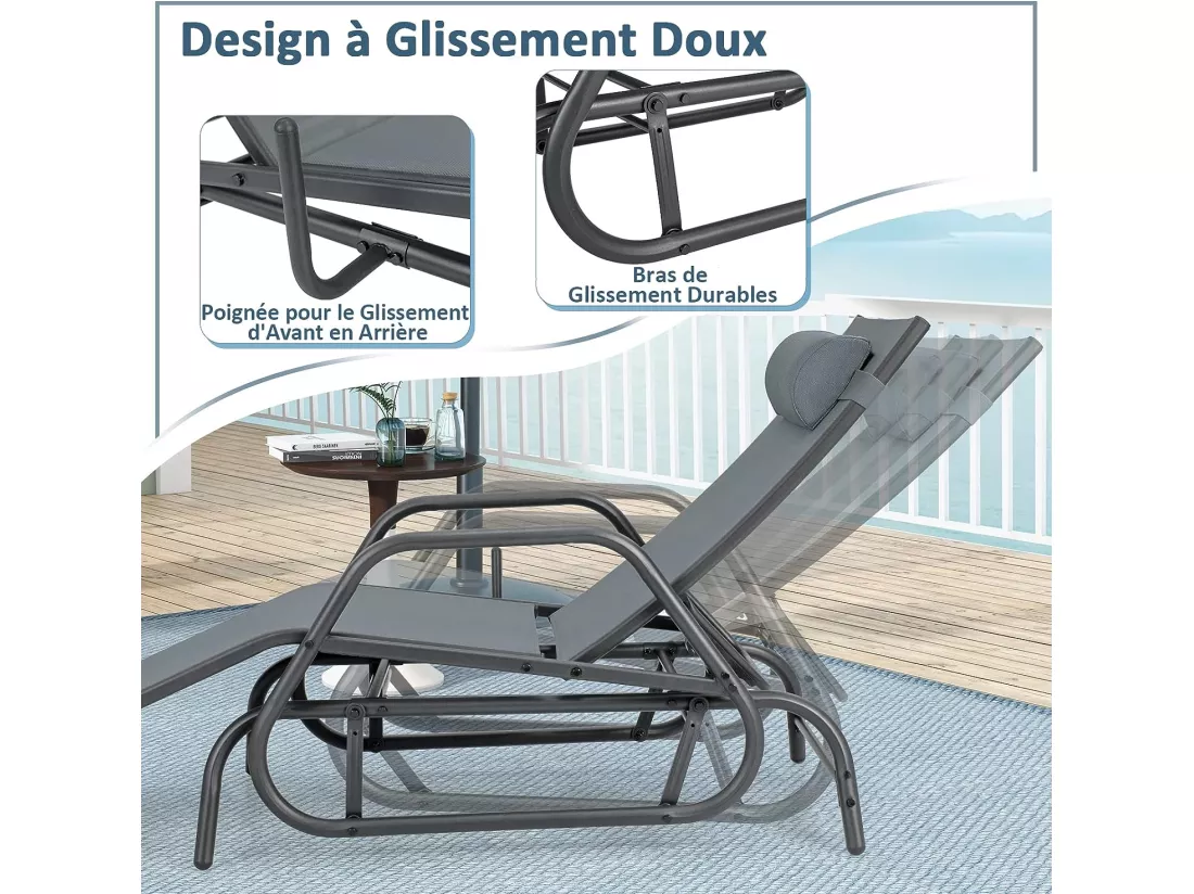 Bain de Soleil Design à Glissement à Dossier Réglable 3 Positions, Transat Jardin Extérieur Cadre Métal avec Accoudoirs, Oreiller, Chaise Longue Jardin Extérieur pour Patio Cour Balcon (Gris)
