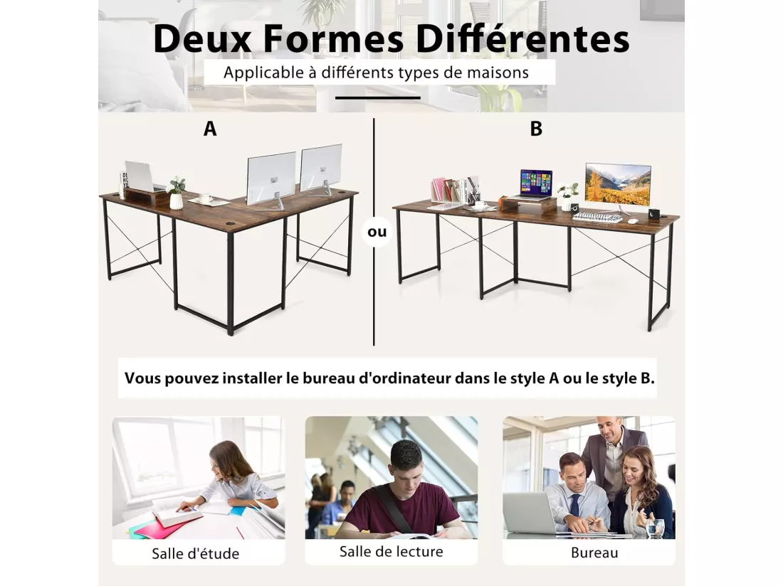 Bureau d'angle en L Réversible avec Support de Moniteur/Poste de Travail Industriel pour 2 Personnes avec 3 Trous de Câble- 150 x 150 x 74 CM, Marron Rustique