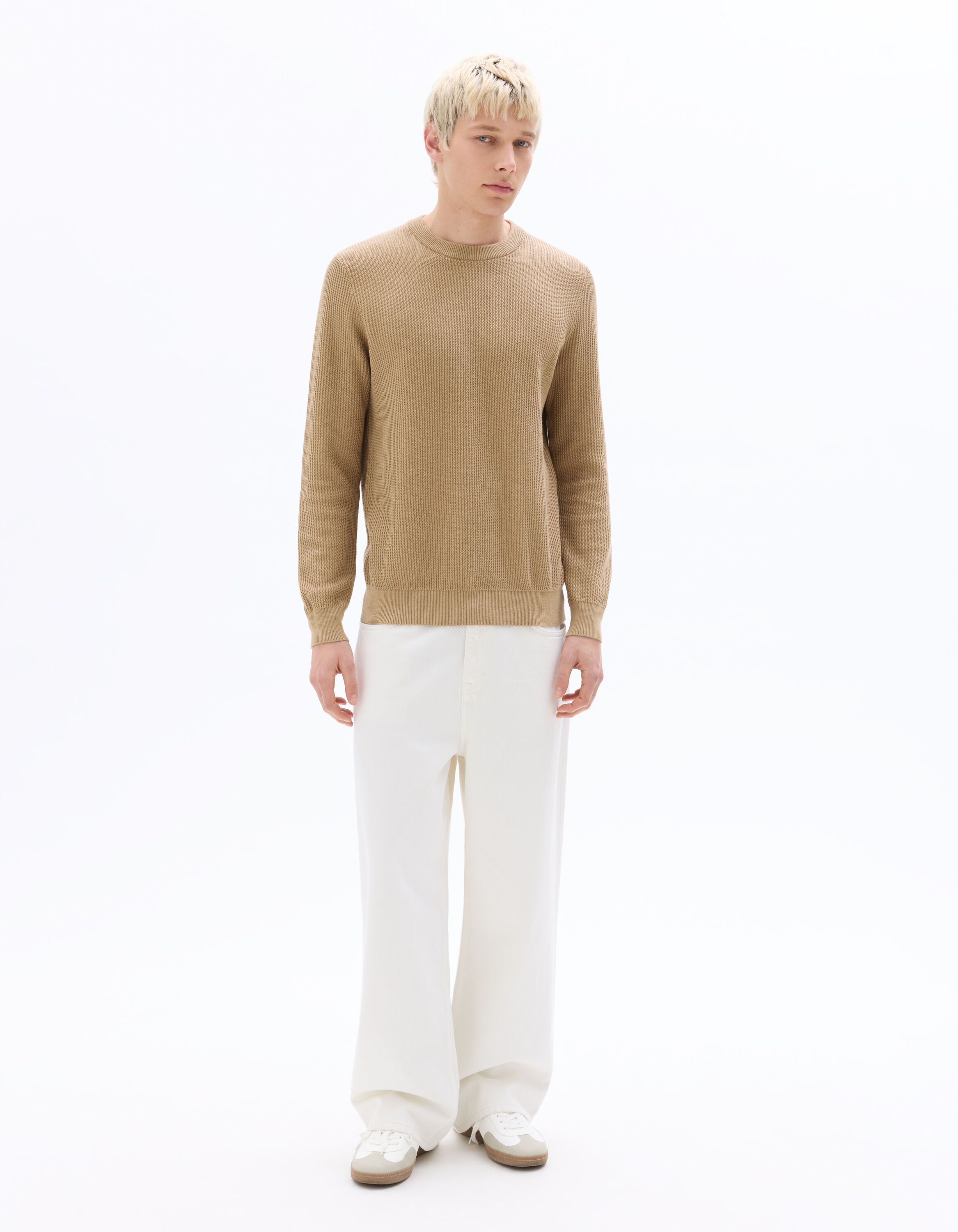 Pull col rond 100% coton en chevron - taupe