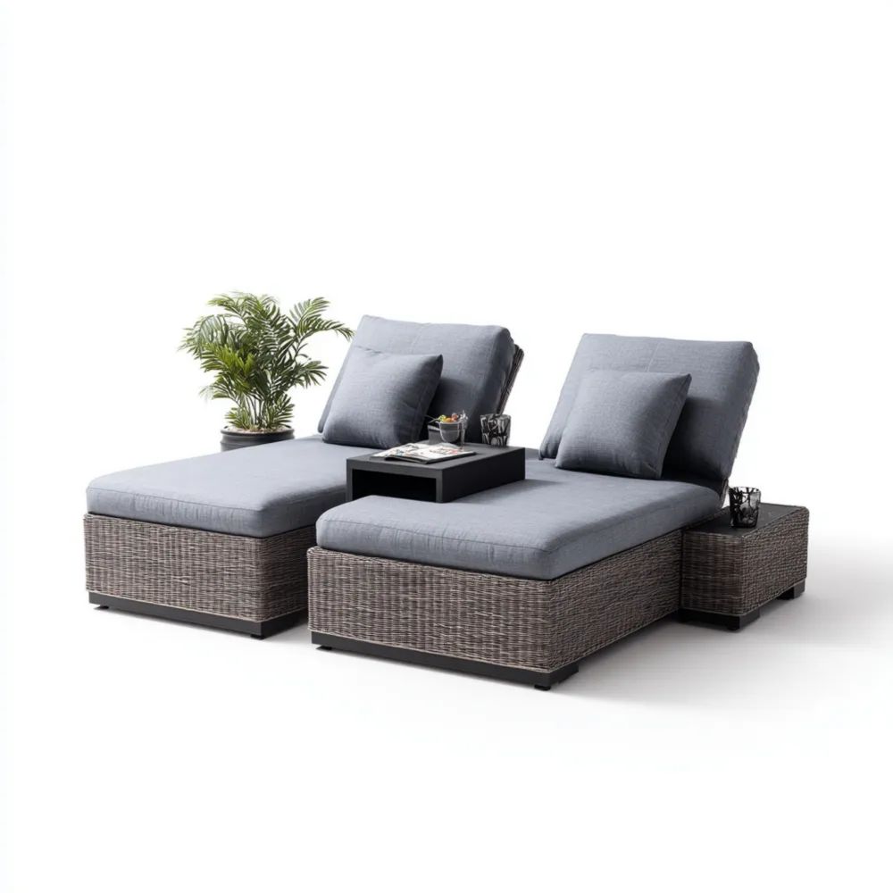 Gartenliegen Set Rattan 200x70x40 cm - Grau - Modernes Design