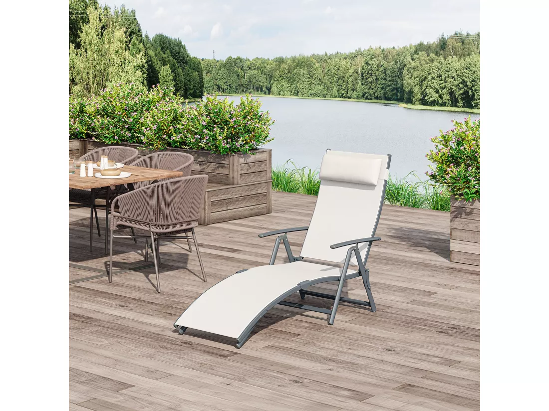 Outsunny transat chaise longue bain de soleil pliable dossier inclinable multi-positions têtière fournie 137L x 64l x 101H cm métal époxy textilène beige