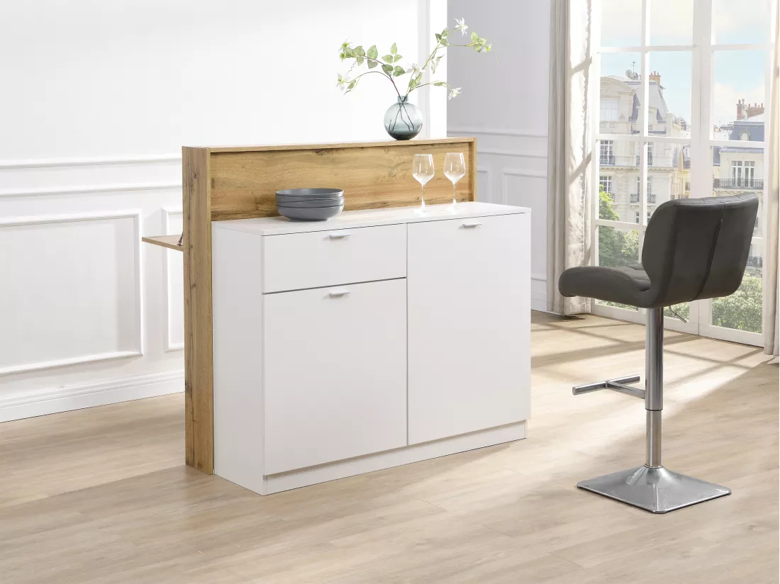 Meuble de bar avec 2 portes et 1 tiroir en MDF - Blanc et Naturel - LAMONIA