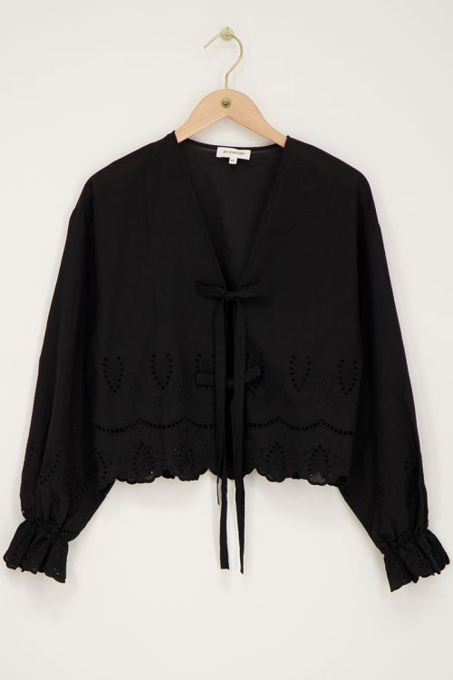 Zwarte blouse met strikjes en broderie