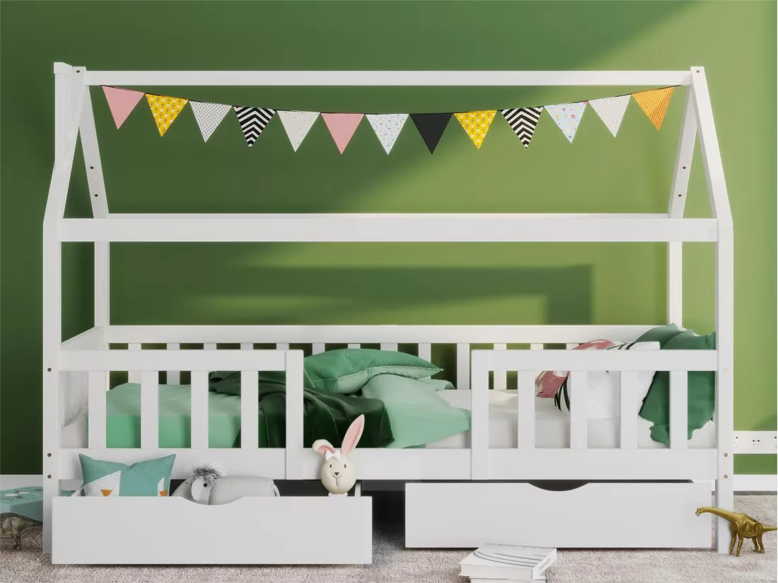 Lit cabane pour enfant 90x200cm - Bois pin massif - 2 Tiroirs espace de rangement - avec sommier à lattes et barrière - Blanc