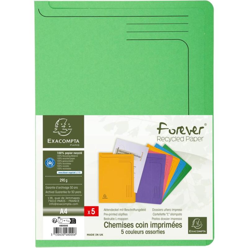 Paquet 5 chemises coin Forever® - A4 - Couleurs assorties
