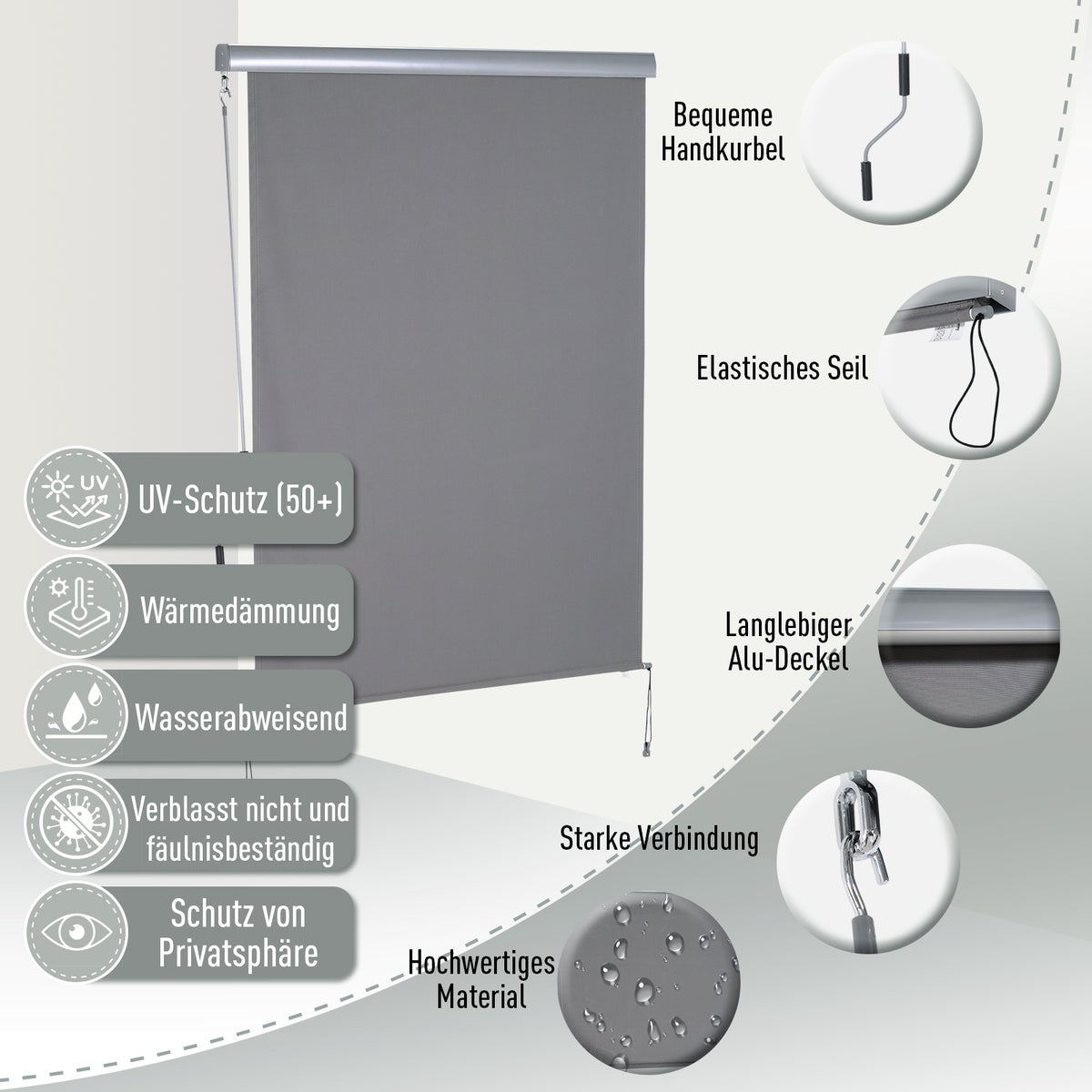 Outsunny verticale zonwering, verticale zonwering met handzwengel, 200 x 140 cm, polyester doek + aluminium, grijs