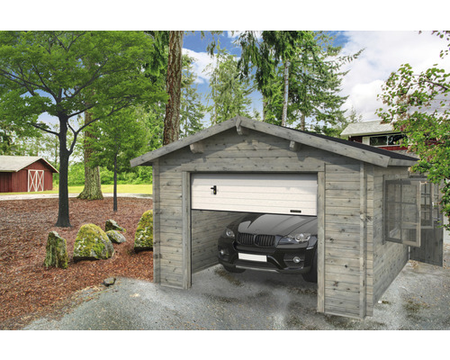 Palmako Roger vrijstaande garage, 19,0 m², met sectionaaldeur 360 x 550 cm, grijs gegrond.