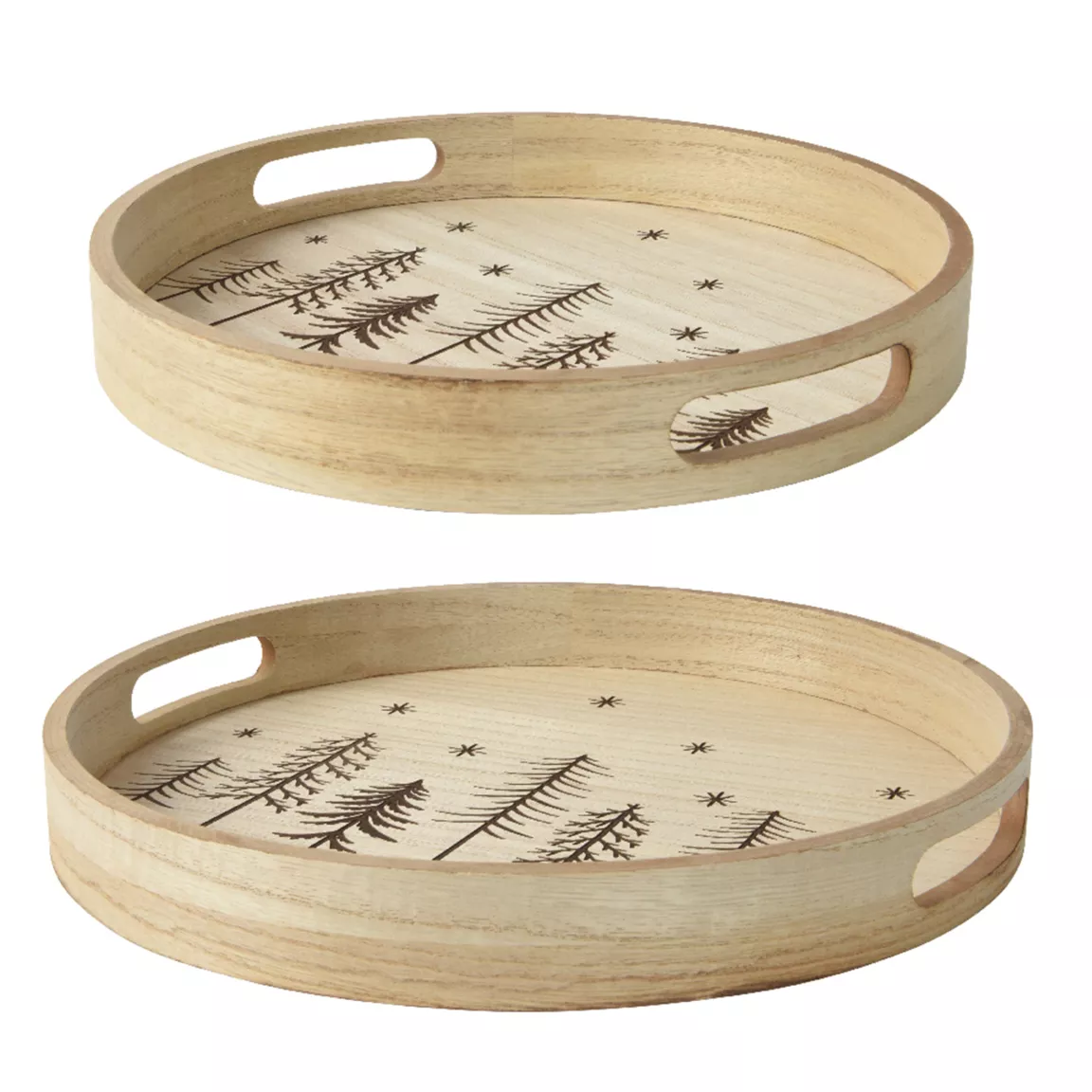 Lot de 2 plateaux ronds en bois (D34-D29 cm) Sapins de Noël