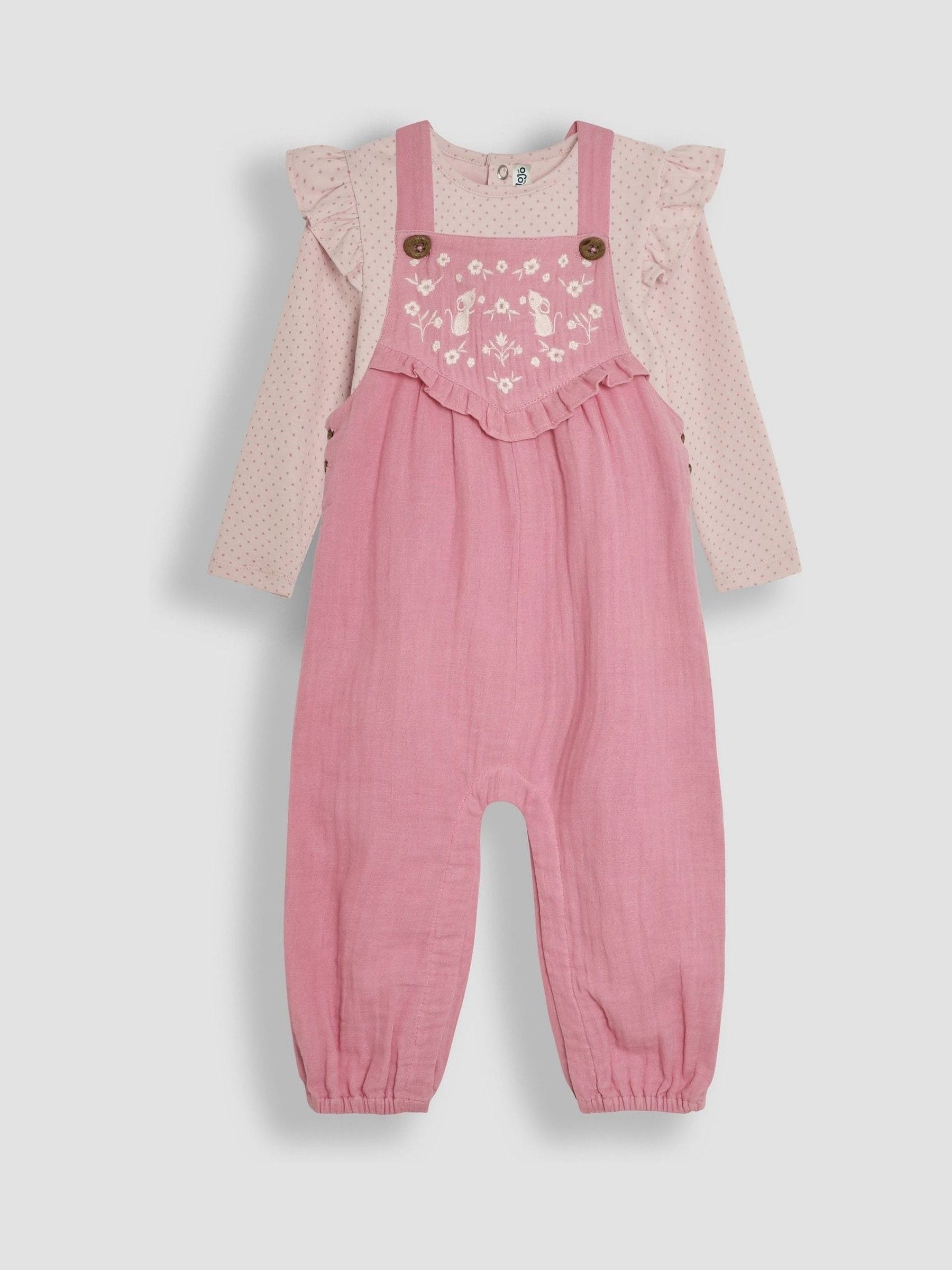 JoJo Maman Bébé Mouse Embroidered Cheesecloth Dungarees and Top Set