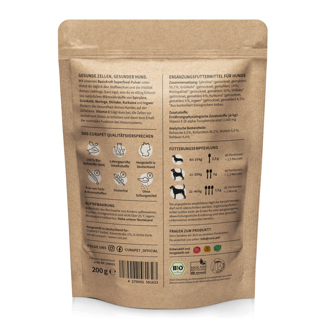 CURAPET Bio Nährstoffpulver für Haut und Fell mit Spirulina - BasisKraft 200g
