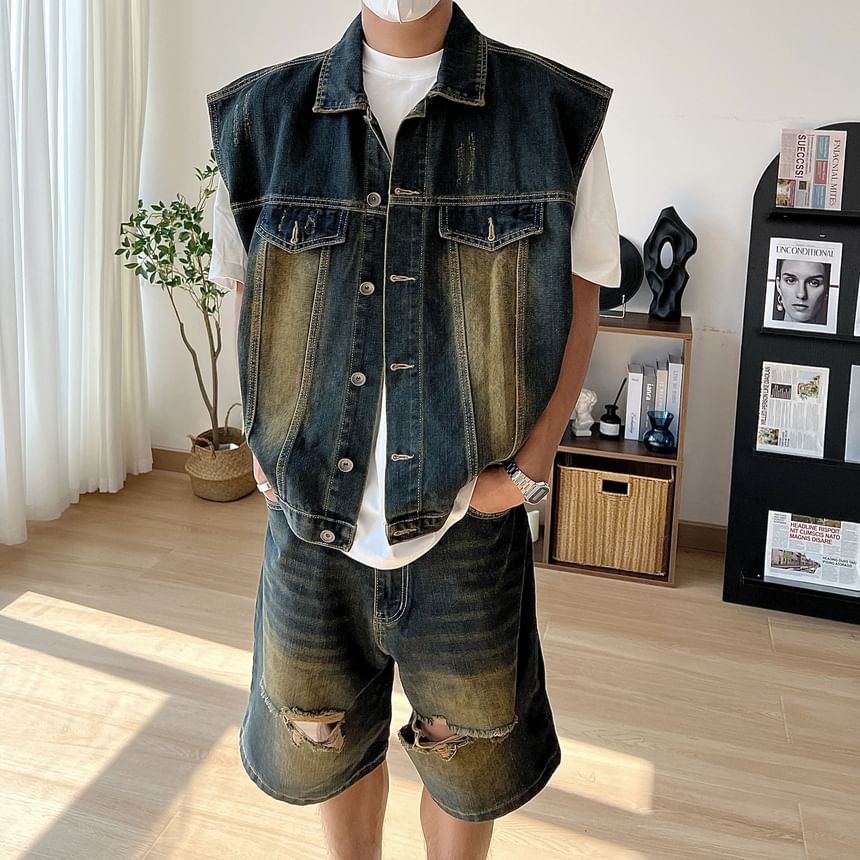 WidoWilder - Gewassen denim vest met kraag en knopen / Mid-rise gewassen denim shorts