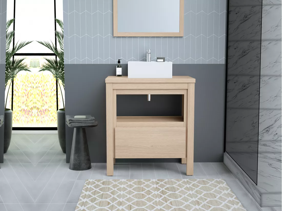 Meuble sous vasque avec niche de rangement et planche - 80 cm - Placage chêne - COSMOTI