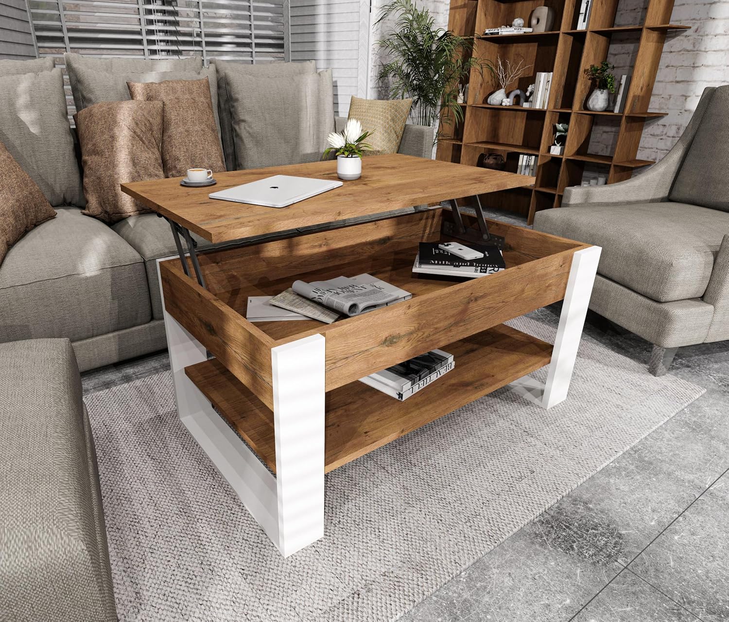 Couchtisch mit anhebbarer Platte | Höhenverstellbarer Wohnzimmertisch mit Stauraum | Sofatisch Eiche Lancelot Weiß modern mit Ablage & verstecktem Fach – Coffee Table für Wohnzimmer & Büro
