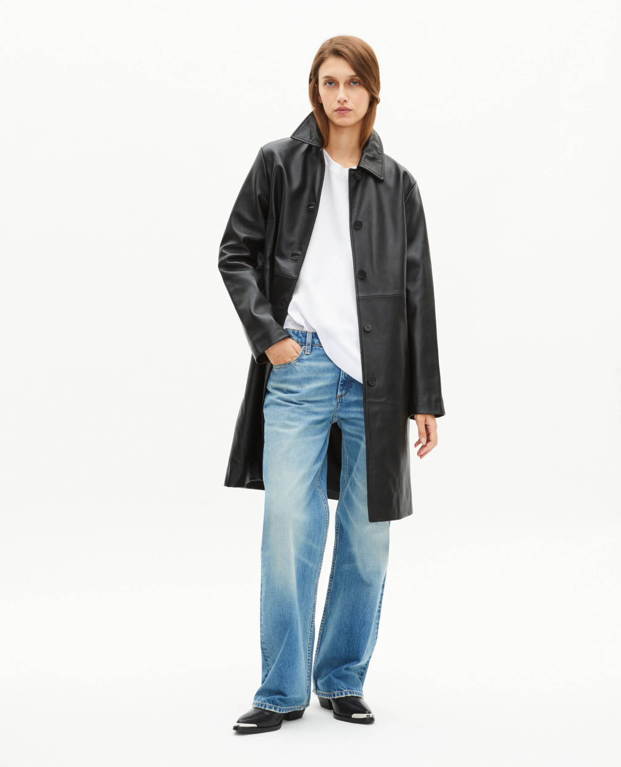 Manteau long en cuir noir