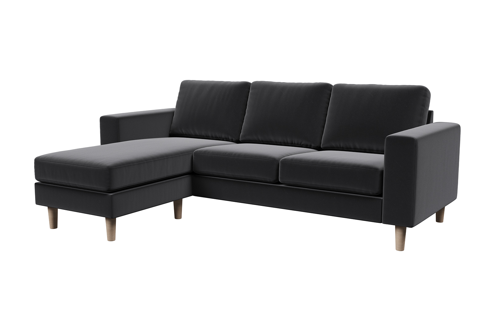 Hedda sjeselongsofa 3-seter med vendbar sjeselong i tekstil Matt Velvet Black med arm F 18 cm og ben nr 1 i hvitoljet eik