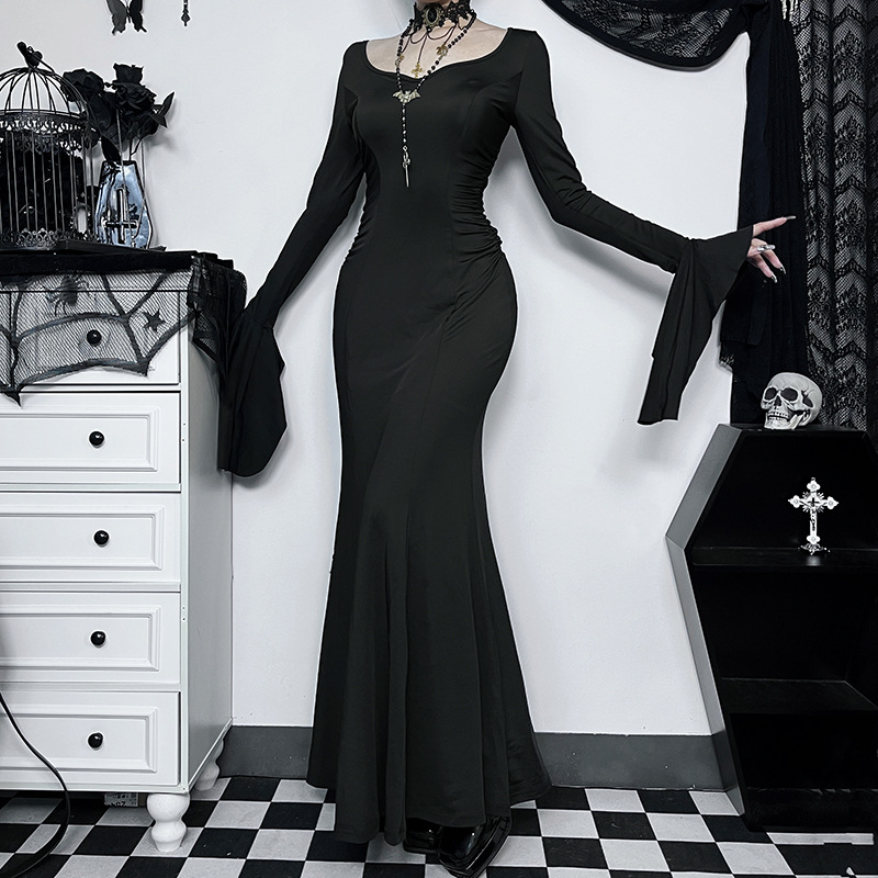 (170cm) Fasnachts Erwachsenen Kostüm Bodenlanges Vampir Kleid Morticia Addams Verkleidung für Motto Partys / Halloween - Schwarz