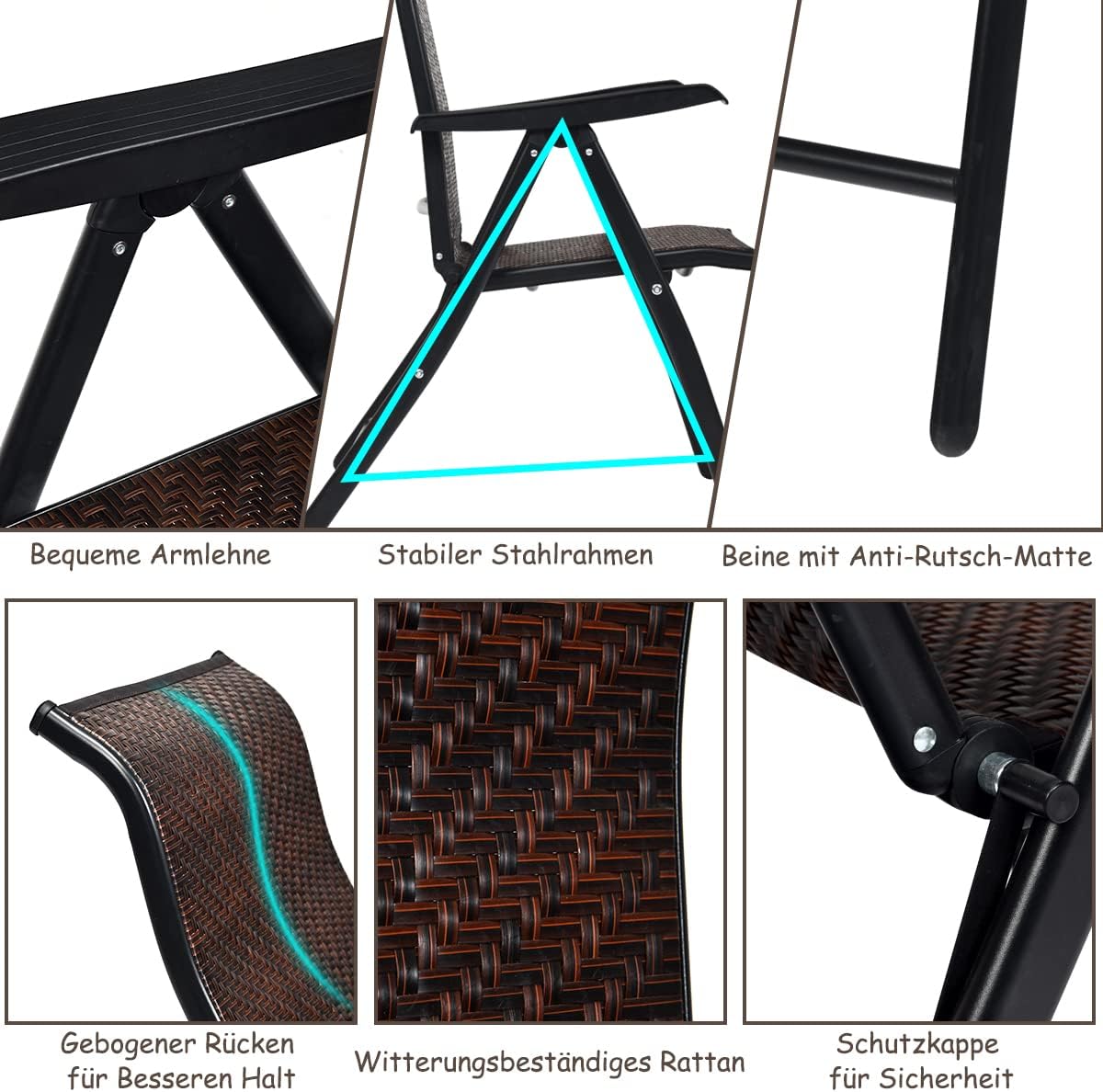 COSTWAY 2er Set Gartenstühle Polyrattan, Klappstühle mit 5-Fach Verstellbarer Rückenlehne, Hochlehner Balkonstühle, wetterfeste klappbare Terrassenstühle für Garten, Balkon, Terrasse