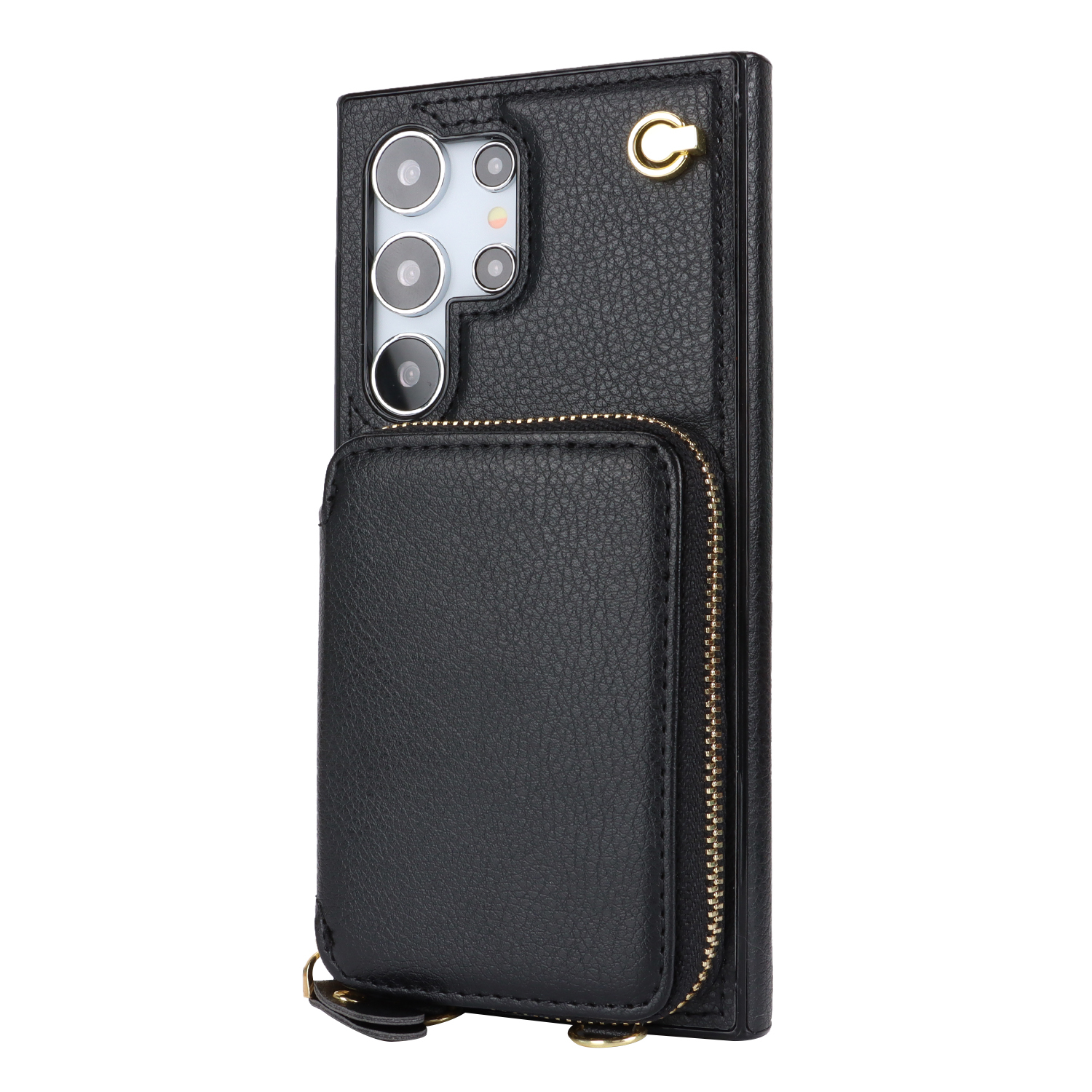 Samsung Galaxy S24 Ultra Necklace Leder Schutz Hülle mit Kartenfächer   Handykette (140cm) - Schwarz