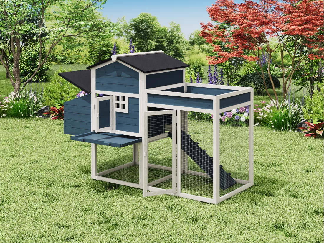Poulailler avec enclos et potager - 4 poules - L. 168 x P. 64 x H. 109 cm - Bleu et blanc - CAMPORA