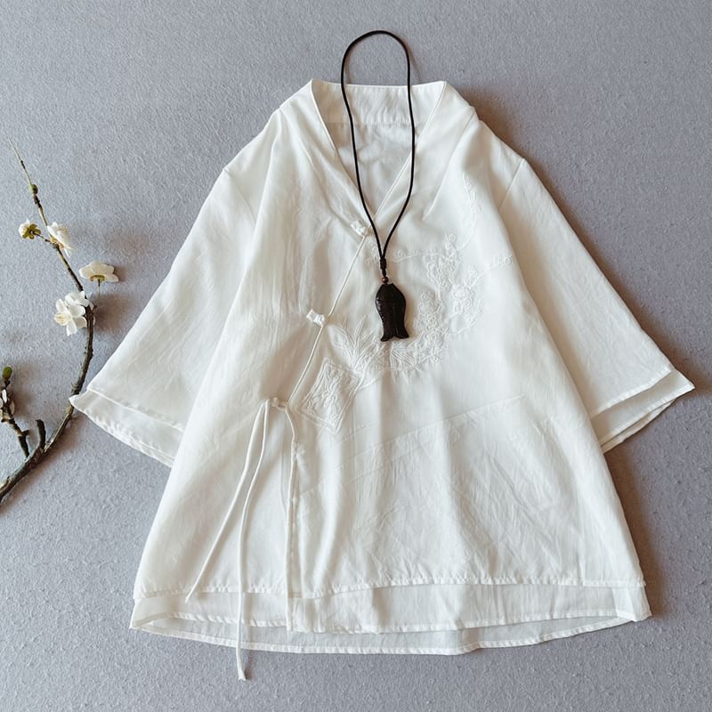 CosmoCorner - Effen Hanfu-blouse met 3/4 mouwen en V-hals