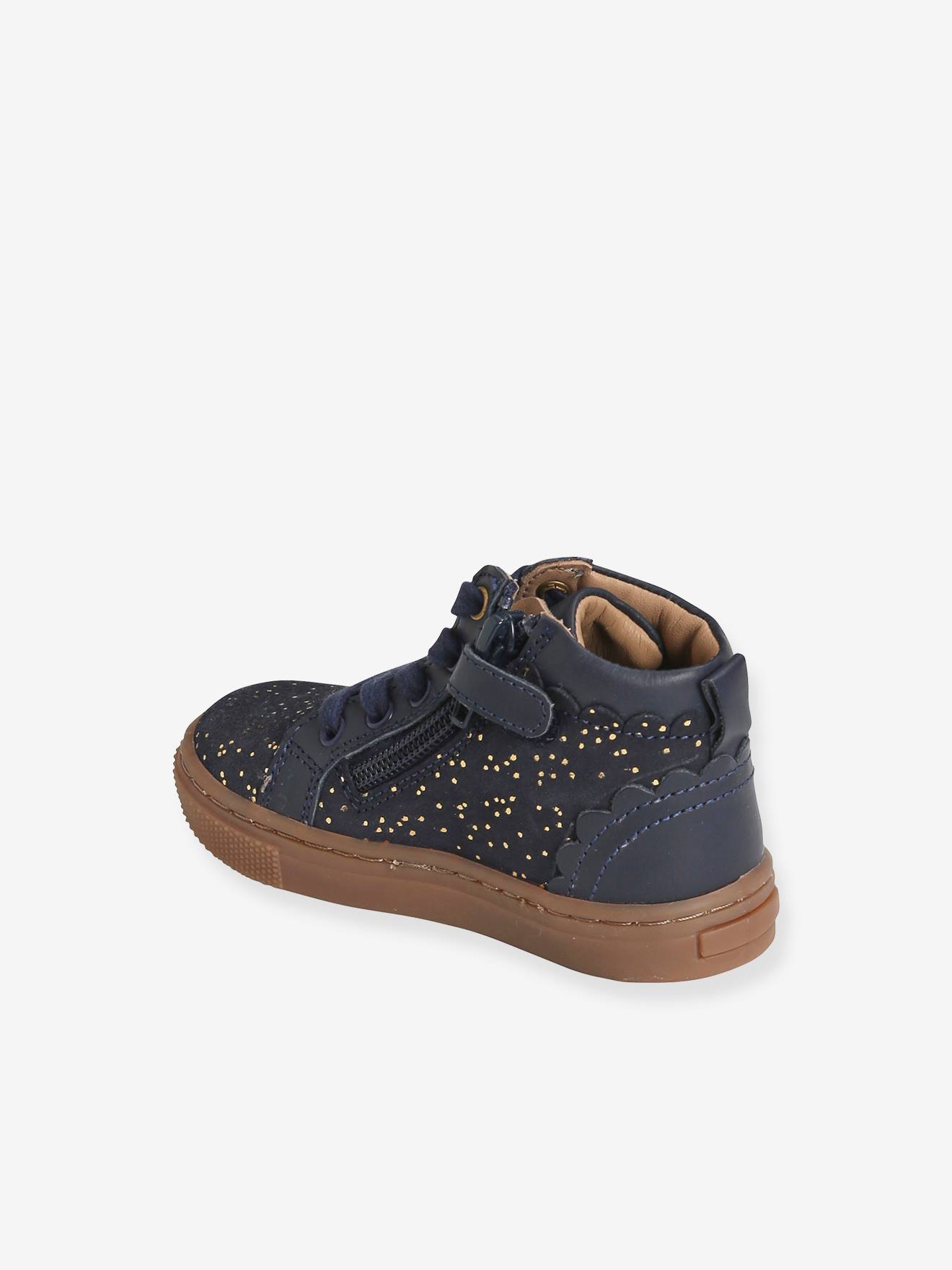 Tênis de cano alto em couro com cadarço, para bebê menina, azul escuro liso com estampas.