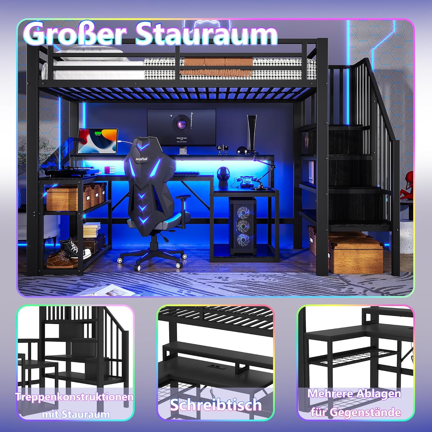 Kinderbett Hochbett 90x200 cm,Metallbett mit LED-Lichtleiste und USB-Anschluss,mit Treppe und Rausfallschutz,Treppenkonstruktionen mit Stauraum,Jugendbett,Spielbett,ohne Matratze (Schwarz, 90×200cm)