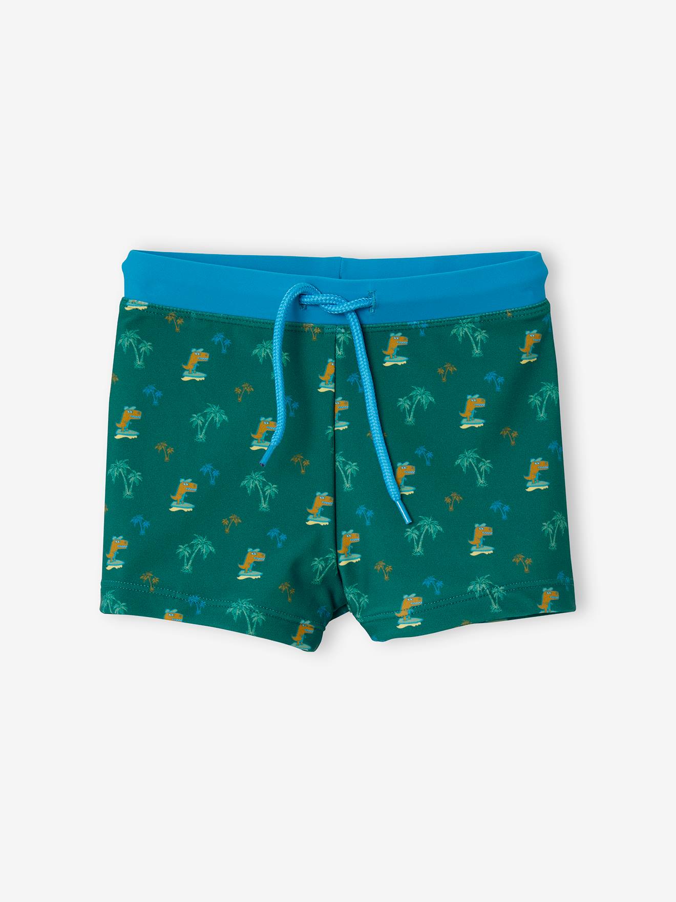 Calção de banho boxer infantil verde-escuro com estampa de ilha e dinossauro.
