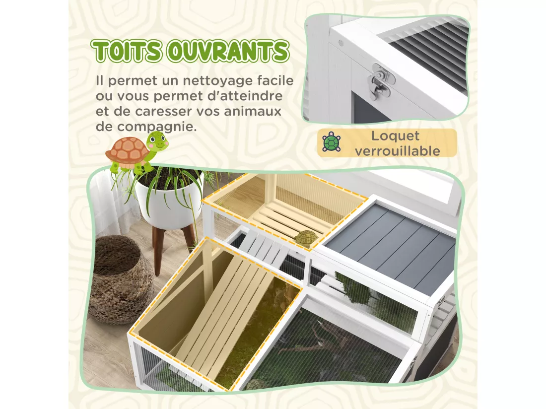 Terrarium enclos tortue 2 espaces toit polycarbonate 3 portes rampe bois gris blanc