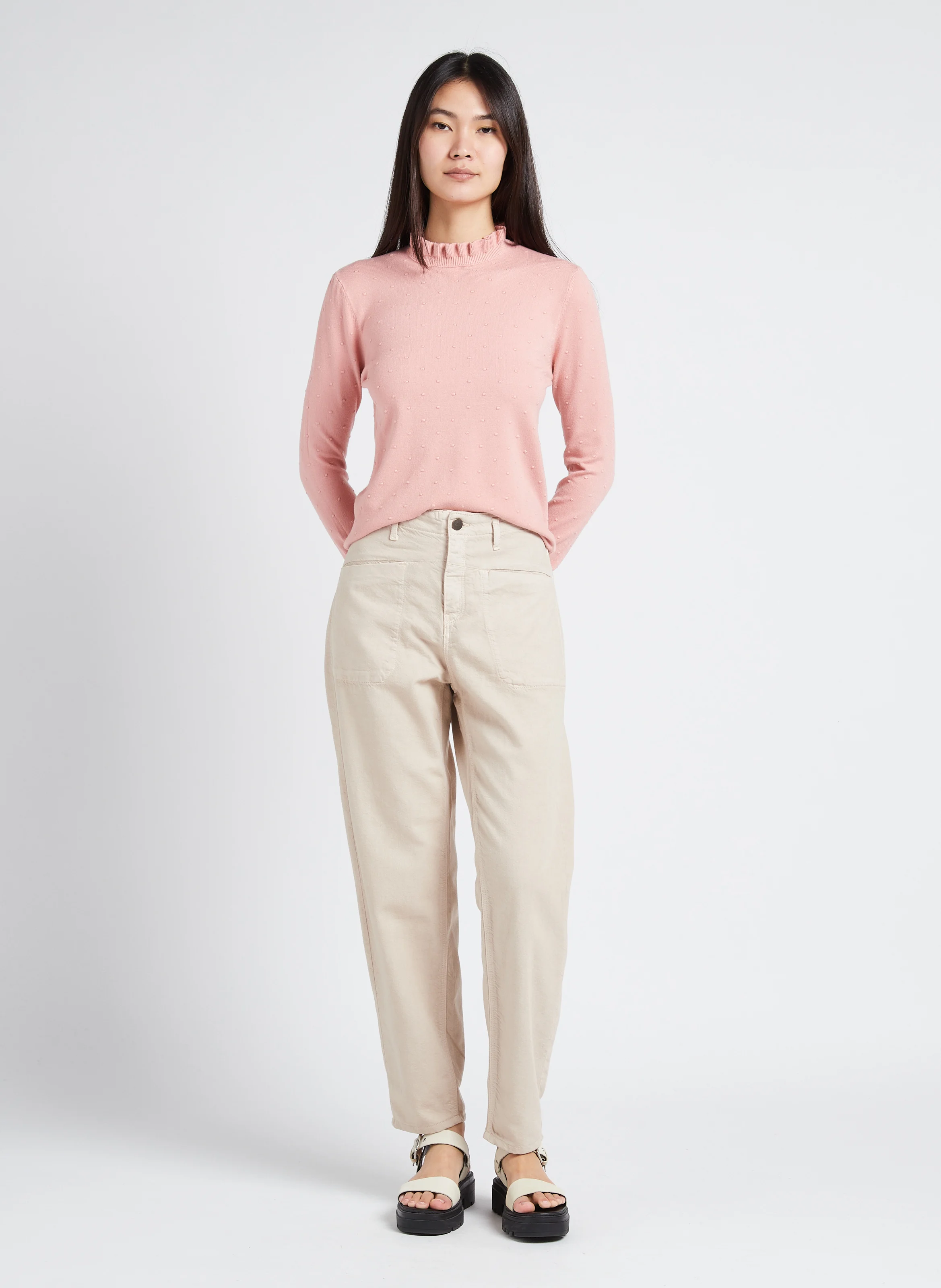 SOLFERINO - Pull col rond jacquard à volants | Rose